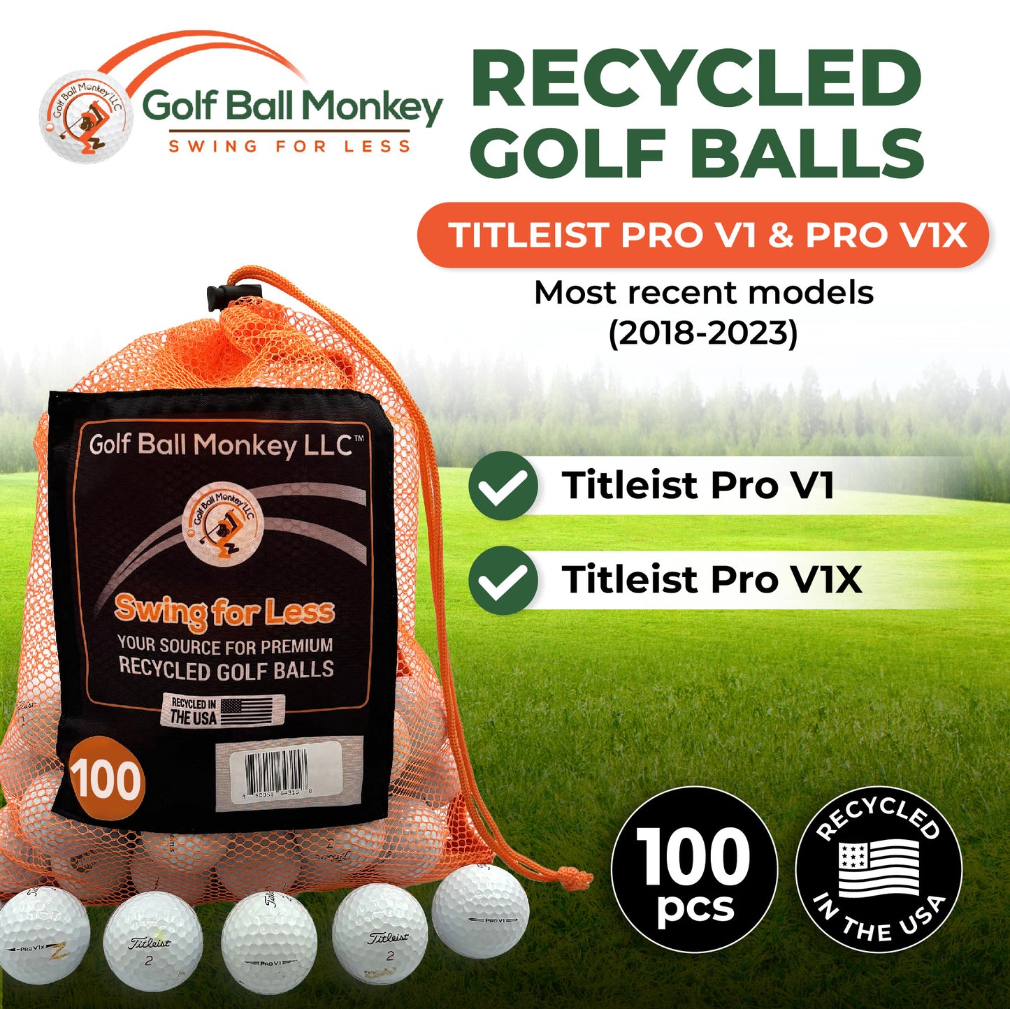 Golf Ball Monkey Cheap Recycled Golf Balls ProV1 and ProV1X Golf Balls in Near Mint / 100 4A Condition - Used and Recycled Pro V1 and Pro V1X Golf Balls - includes 15 Tees and Mesh Bag.