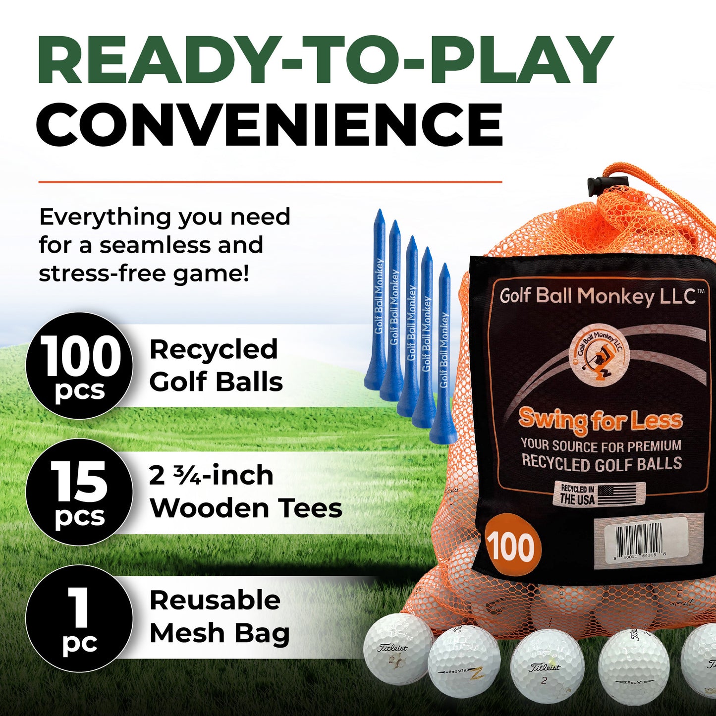 Golf Ball Monkey Cheap Recycled Golf Balls ProV1 and ProV1X Golf Balls in Near Mint / 100 4A Condition - Used and Recycled Pro V1 and Pro V1X Golf Balls - includes 15 Tees and Mesh Bag.