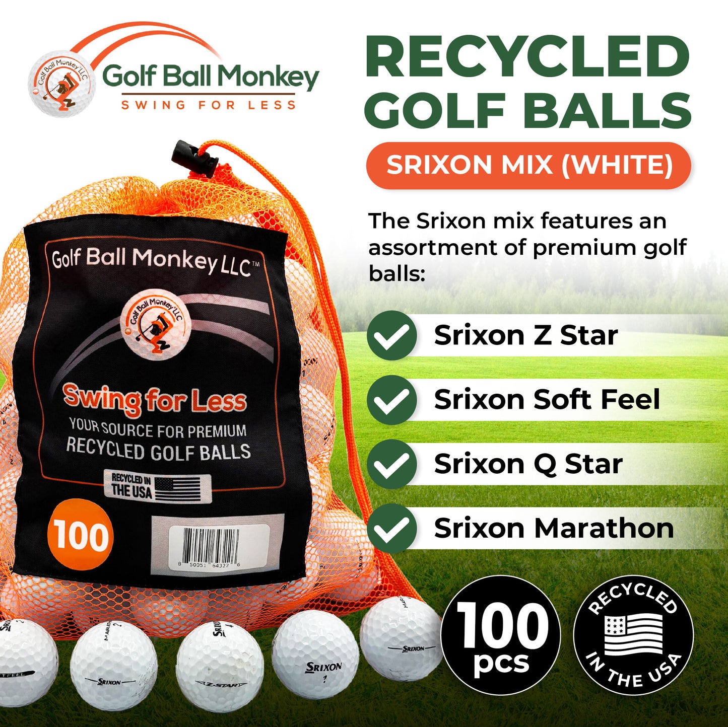 Golf Ball Monkey Cheap Recycled Golf Balls for Srixon Mix White - for Srixon Z Star, for Srixon Soft Feel, for Srixon Q Star & Marathon Golf Balls (100-4A/3A Condition) w/ 15 Tees and Mesh Bag