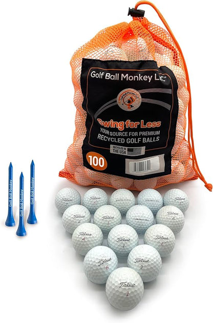 Golf Ball Monkey Cheap Recycled Golf Balls ProV1 and ProV1X Golf Balls in Near Mint / 4A Condition - Used and Recycled Pro V1 and Pro V1X Golf Balls - includes 15 Tees and Mesh Bag.