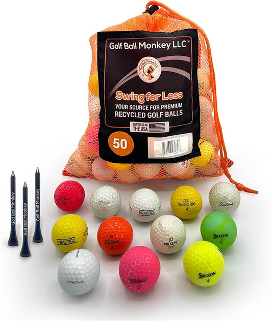 Golf Ball Monkey Cheap Assorted Recycled Hit Away Golf Balls Bulk - Hit Away Golf Balls - Assorted Color Golf Balls - includes - Golf Balls, 15 Golf Ball tees and Mesh Carrying Bag