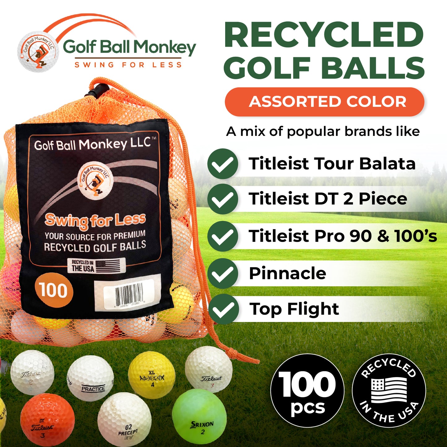 Golf Ball Monkey Cheap Assorted Recycled Hit Away Golf Balls Bulk - 100 Hit Away Golf Balls - Assorted Color Golf Balls - includes - Golf Balls, 15 Golf Ball tees and Mesh Carrying Bag